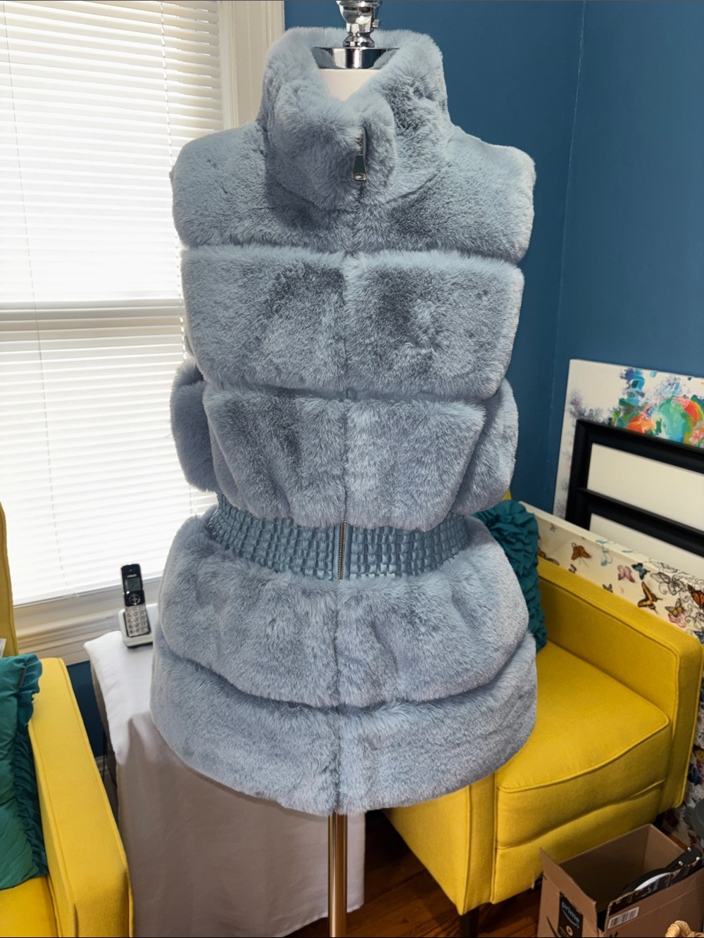 Light Blue Faux Fur Puffer Vest with High Collar